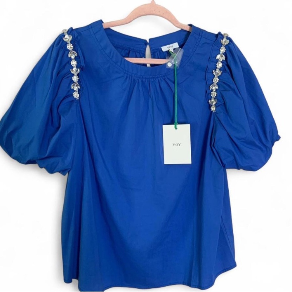 NWT VOY Blue Embellished Puff Sleeve Poplin Top - Size Large - Picture 2 of 8